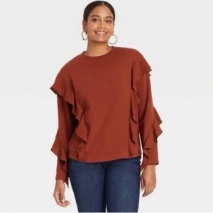 a new day Women's Rust Ruffled Sweatshirt- Size L